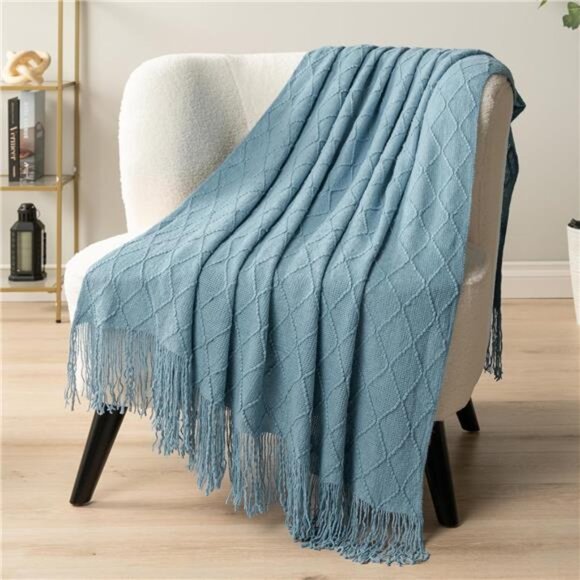 Dusty Blue Knit Throw Blanket for Couch Bed, Soft Knitted Farmhouse - Picture 5 of 8